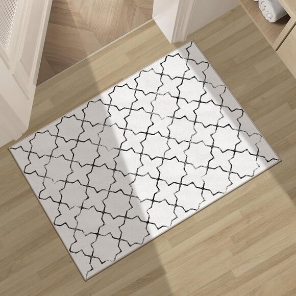 Moroccan Octagram Design Rug 2x3' Beige Black Distressed Non-Slip Washable Soft - Picture 6 of 7